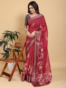 Odette - Red Cotton Printed Saree with Unstitched Blouse