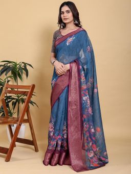 Odette - Dark Blue & Brown Cotton Printed Saree with Unstitched Blouse