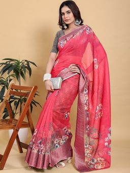 Odette - Pink Cotton Printed Saree with Unstitched Blouse