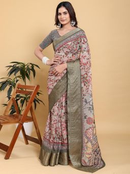 Odette - Off White Cotton Printed Saree with Unstitched Blouse