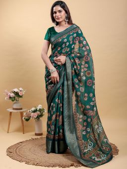 Odette - Teal Green Cotton Printed Saree with Unstitched Blouse