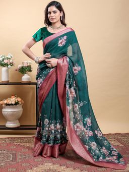 Odette - Teal Green Cotton Printed Saree with Unstitched Blouse
