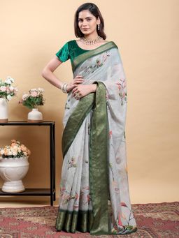 Odette - Light Grey & Green Cotton Printed Saree with Unstitched Blouse