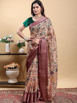 Odette - Beige Cotton Printed Saree with Unstitched Blouse