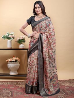 Odette - Beige Cotton Printed Saree with Unstitched Blouse