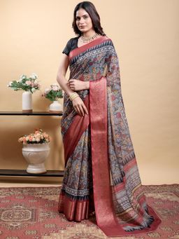 Odette - Grey & Red Cotton Printed Saree with Unstitched Blouse