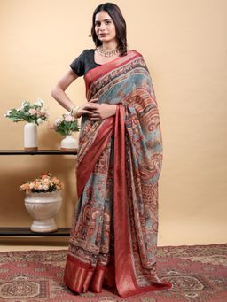 Odette - Grey Cotton Printed Saree with Unstitched Blouse