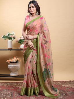 Odette - Peach Cotton Printed Saree with Unstitched Blouse