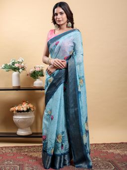 Odette - Sky Blue Cotton Printed Saree with Unstitched Blouse