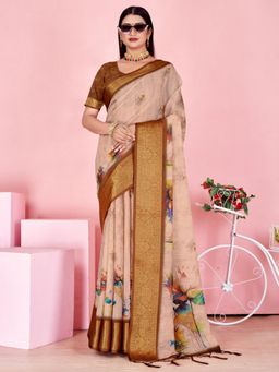 Odette - Beige & Gold Cotton Printed Saree with Unstitched Blouse
