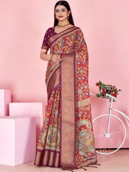 Odette - Wine & Maroon Cotton Printed Saree with Unstitched Blouse