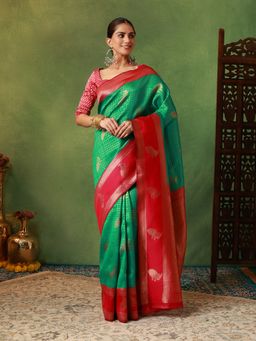 Garden VARELI - Women's Art Silk Woven Design Green Banarasi Saree with Unstitched Blouse