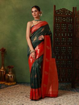 Garden VARELI - Women's Art Silk Woven Design Green Banarasi Saree with Unstitched Blouse