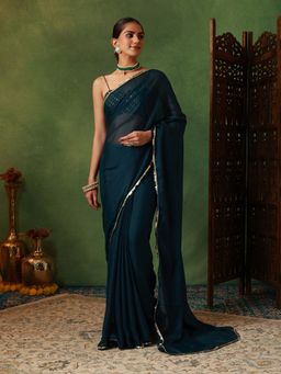 Garden VARELI - Women's Crepe Solid Teal Saree with Unstitched Blouse