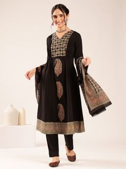Vbuyz - Women's Black Ajrakh Flared Cotton Stitched Anarkali Kurta With Pant & Dupatta