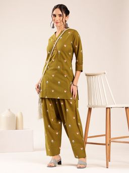 Vbuyz - Women's Olive Green Ikkat Straight Cotton Stitched Kurti With Salwar