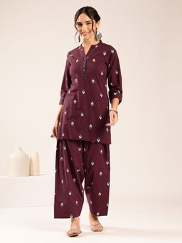 Vbuyz - Women's Dark Purple Ikkat Straight Cotton Stitched Kurti With Salwar