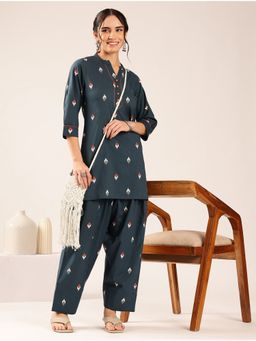 Vbuyz - Women's Teal Ikkat Straight Cotton Stitched Kurti With Salwar