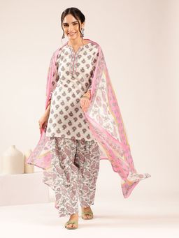 Vbuyz - Women's Pink Floral Straight Cotton Stitched Kurti With Salwar & Dupatta