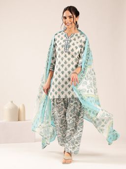 Vbuyz - Women's Sky Blue Floral Straight Cotton Stitched Kurti With Salwar & Dupatta