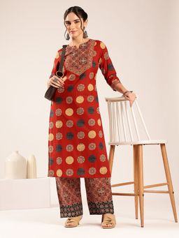 Vbuyz - Women's Red Ajrakh Straight Cotton Stitched Kurta With Pant