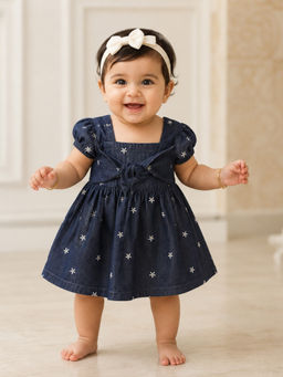 My Milestones - Daisy Embroidery Front Tie Knot Soft Denim Dress