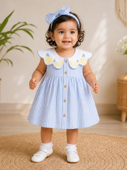My Milestones - Cotton Dolce Limone Stripes Dress With Hairband - Blue