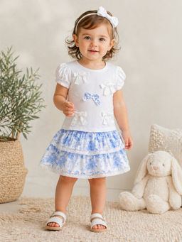 My Milestones - Cotton Half Sleeves Floral Top and Skirt-Blue