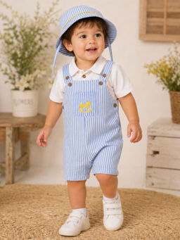 My Milestones - Cotton Half Sleeves Striped Dungaree and Polo T-shirt With Hat - Blue