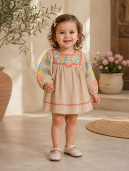My Milestones - Cotton Full Sleeves Embroidered Dress With Bloomer -Beige
