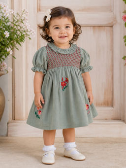 My Milestones - Cotton Half Sleeves Heirloom Embroidered Dress - Green