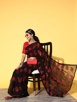 Odette - Black Sequence Embroidered Georgette Saree with Unstitched Blouse