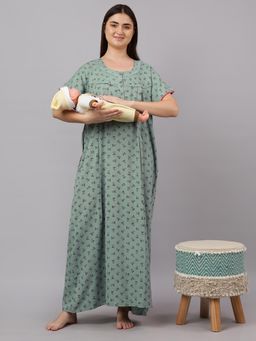 Mamma's Maternity - Light Green Floral Leaf Printed Cotton Maternity Nighty