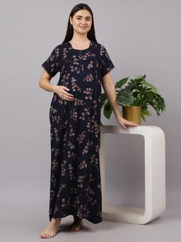 Mamma's Maternity - Navy Blue Floral Printed Half Sleeves Cotton Maternity Nighty