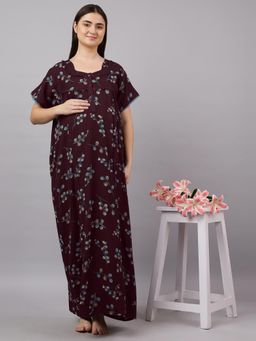 Mamma's Maternity - Maroon Floral Printed Half Sleeves Cotton Maternity Nighty