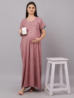Mamma's Maternity - Rose Pink Floral Leaf Printed Cotton Maternity Nighty