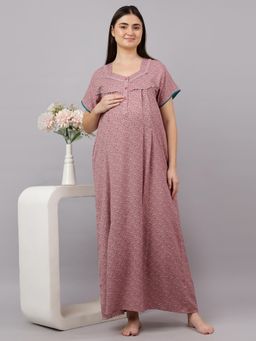 Mamma's Maternity - Rose Pink Floral Printed Half Sleeves Cotton Alpine Maternity Nighty
