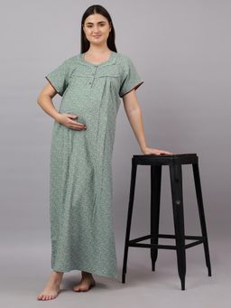 Mamma's Maternity - Sage Green Floral Printed Half Sleeves Cotton Alpine Maternity Nighty