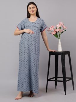 Mamma's Maternity - Slate Grey Floral Leaf Printed Cotton Maternity Nighty