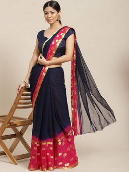 ISHIN - Womens Poly Chiffon Navy Blue & Pink Zari Woven Saree with Unstitched Blouse