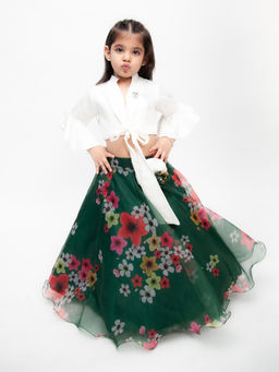 Fayon Kids - Green Printed Organza Lehenga with Tie Knotted Top (Set of 2)