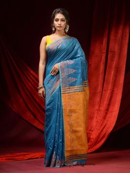 CHARUKRITI - Cerulean Blue Cotton Woven Ethnic Motifs and Temple Borders Saree with Unstitched Blouse