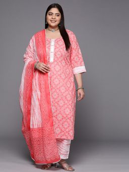 Extra love by Libas - Peach Printed Cotton Straight Kurta Sets for Women