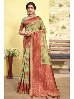 Sangam Prints - Light Green Cotton Woven Zari Work Traditional Tassel Saree with Unstitched Blouse