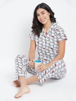 Clovia - Cotton Hello Kitty Printed Button down Shirt & Pyjama Set - White (XL)