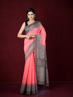 EXCLUSIVA - Pink Printed Cotton Saree with Unstitched Blouse