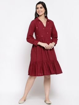 DART STUDIO - Cotton Polka Dot Dress With Hand Embroidery -Maroon