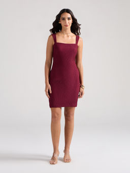 Twenty Dresses by Nykaa Fashion - Maroon Textured Square Neck Strappy Bodycon Mini Dress(XS)