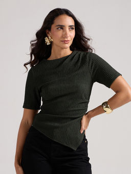 Twenty Dresses by Nykaa Fashion - Green Textured Round Neck Asymmetrical Hem Top