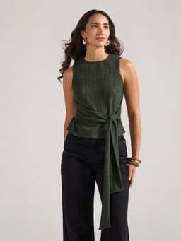 Twenty Dresses by Nykaa Fashion - Green Textured Round Neck Sleeveless Side Tie Up Top